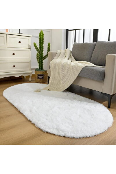 ANUTYA HOME Beyaz Oval Post Halı Kesme Yolluk Peluş Yumuşak Kaymaz Dot Taban
