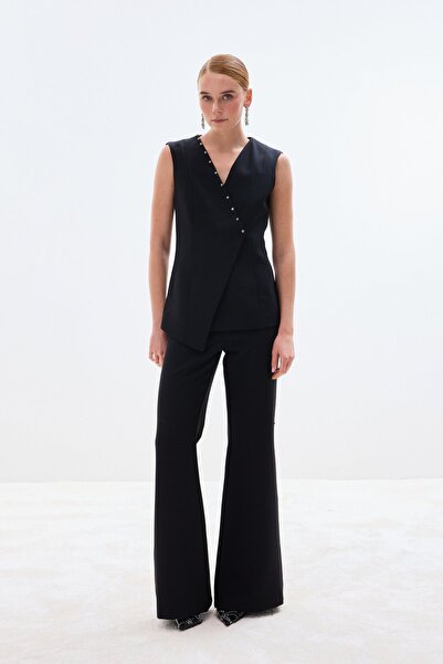Sateen Pants with Pearl Accessories on the Sides - Black