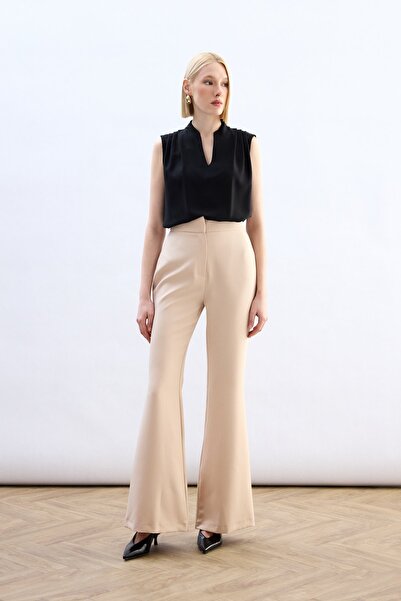 Sateen Spanish Leg Trousers - Beige