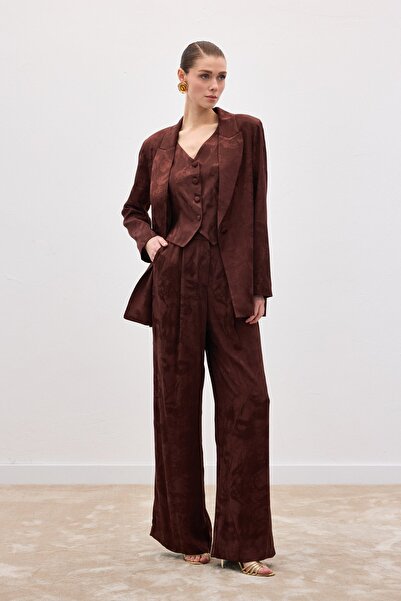 Sateen Jacquard Loose Trousers - Brown