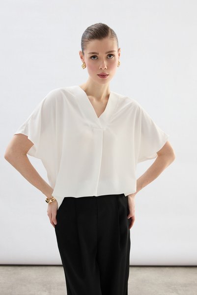 Sateen Wide Short Sleeve Blouse - Ecru