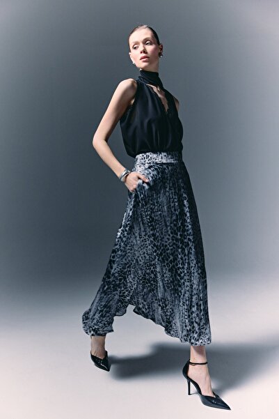 Sateen imprimeu leopard Fusta lungă - Neagră