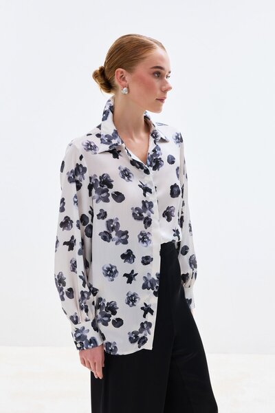 Sateen Patterned Loose Shirt - Black