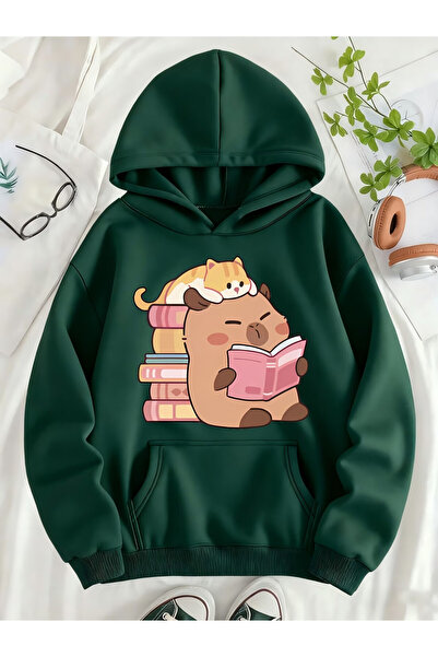 PENTHİLUS Cat and Book Printed Unisex Sweatshirt - Oversized Hoodie - 3-Threa...