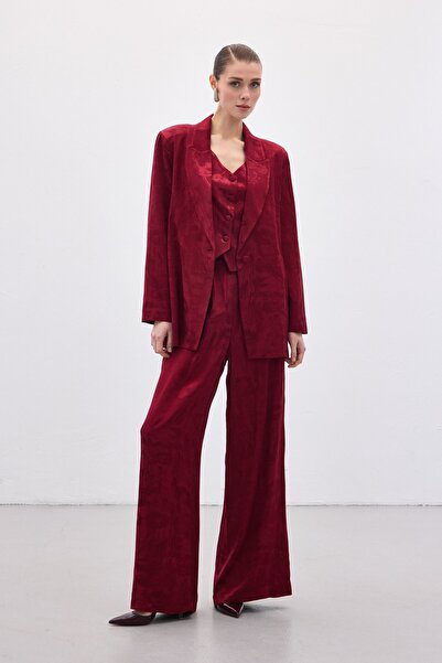 Sateen Jacquard Loose Trousers - Burgundy