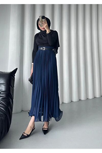 She Olive Pleated Chiffon Long Skirt with Drawstring