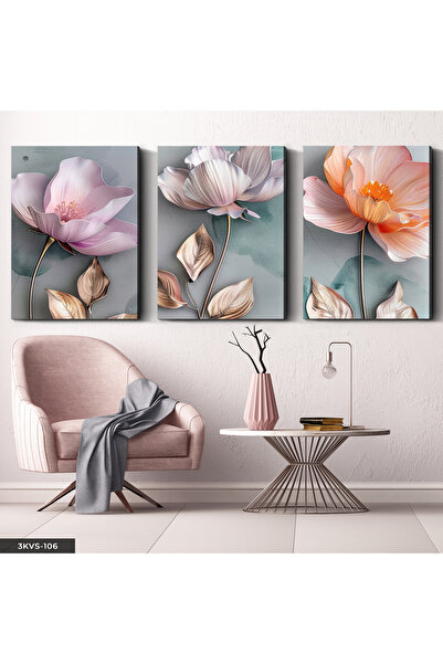 Evinemoda Flori colorate cu frunze aurii, pânză în 3 piese - Tablou pe pânză