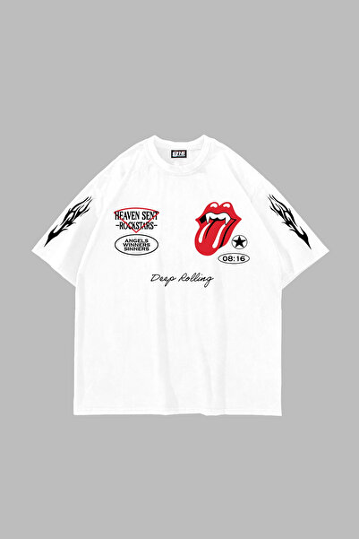 Sekizbiraltı Deep Rolling cu imprimeu supradimensionat Unisex Alb tricou