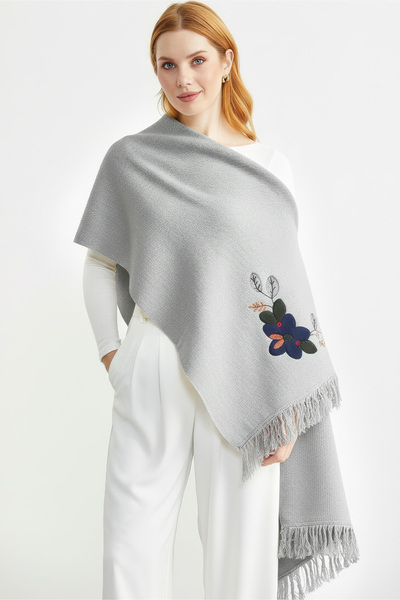 Sementa وشاح تريكو مطرز بلون واحد - رمادي فاتح