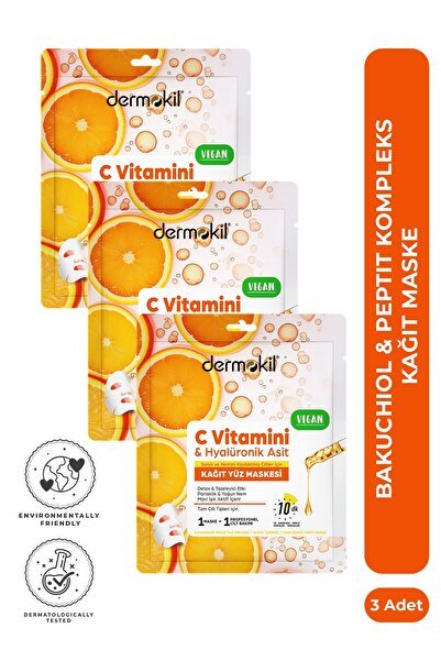 Dermokil C Vitamini & Hyalüronik Asit İçeren Kağıt Yüz Maskesi 20 ml x 3 Adet