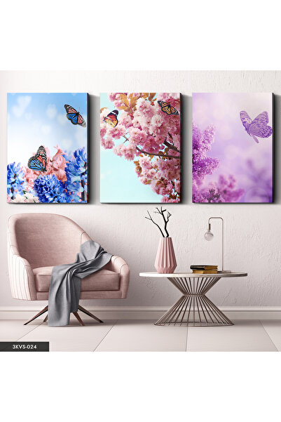 Evinemoda Λουλούδια Πεταλούδες 3 Τεμάχια Καμβάς - Πίνακας σε καμβά