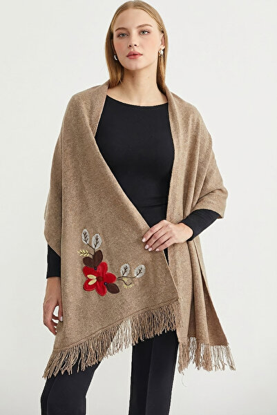 Sementa وشاح تريكو مطرز بلون واحد - بني حليبي