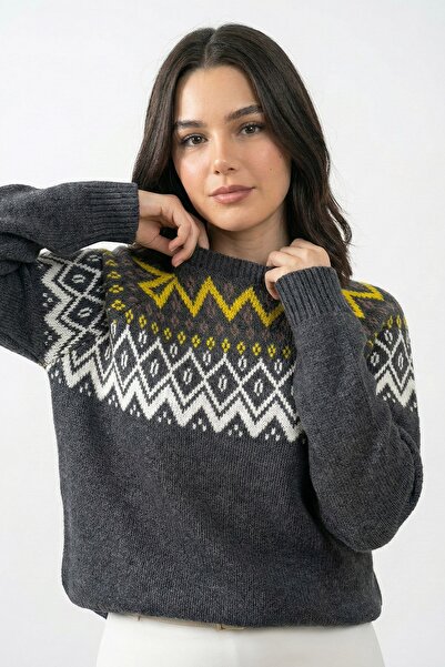 InStyle Gray Knit Sweater with Patterned Collar