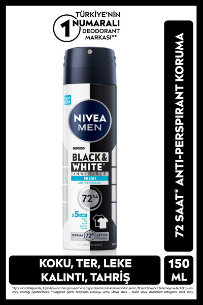 NIVEA MEN Erkek Sprey Deodorant Black&white Invisible Fresh 150ml, 72 Saat An...