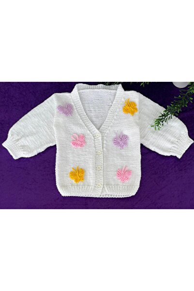 ulaşaksesuar Kelebek Motifli Crop Model Beyaz 0-2 Yaş Kız Bebek Hırkası