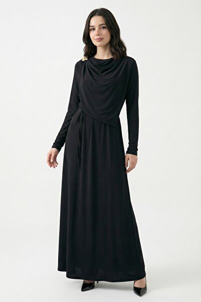 InStyle Black Sandy Dress with Shawl Tie and Brooch