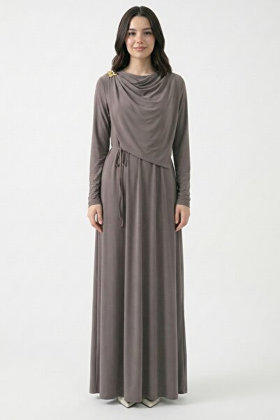InStyle Mink Sandy Dress with Shawl Tie and Brooch