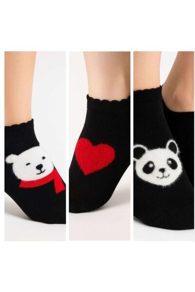 BESNEY BİLİŞİM 3 lü BAMBU Çorap Kalp Ayıcık Panda Desenli