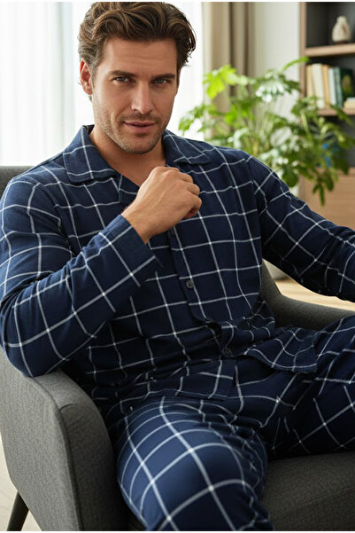 Siyah İnci lacivert ekoseli %100 Pamuklu Örme Düğmeli Pijama Takım 7985