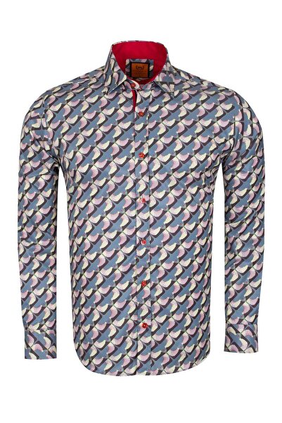 MAKROM Tasarım Erkek Slim Fit İtalyan Yaka Turna Kuşu Desenli Pamuklu Gömlek