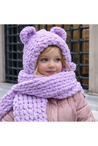 Minii Tuhafiye Alize Puffy Çocuk Balaklava - Birleşik Atkı Bere Ayıcık - Lila