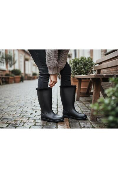 BAYRAMOĞLU KUNDURA حذاء طويل أسود مقاوم للماء مع بطانة من الصوف للحدائق وصيد ...