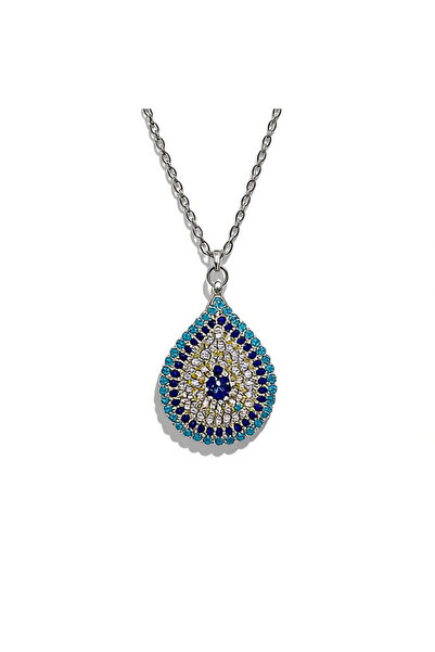 PORSE Blue Zircon Stone Drop Model Evil Eye Bead Steel Necklace