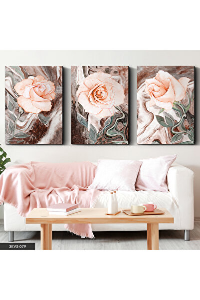 Evinemoda Ροζ Τριαντάφυλλο 3 Τεμάχια Καμβάς - Πίνακας σε Καμβά