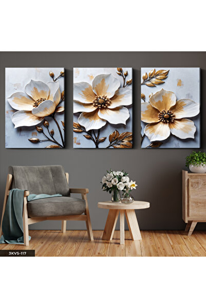 Evinemoda Floare cu frunze aurii, pânză în 3 piese - Tablou pe pânză