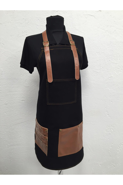 PERSONELİTY Black Leather Pocket-Detail Boydan Antique Work Apron