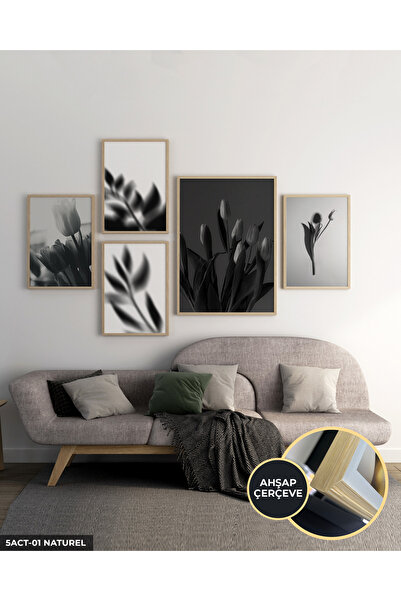 Evinemoda Siyah Beyaz Lale Yaprak 5 Parça Ahşap Çerçeveli Tablo