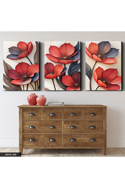 Evinemoda Crveno cveće, 3-dijelna slika na platnu - Slika na platnu