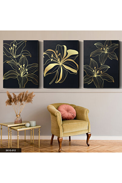 Evinemoda Χρυσά Λουλούδια 3 Τεμάχια Καμβάς - Πίνακας Καμβά