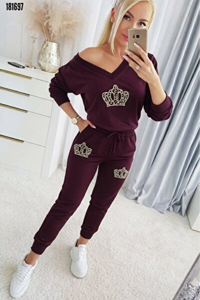 Modayakamoz Women's Trend V-Neck Patterned Double Suit Blouse Trousers