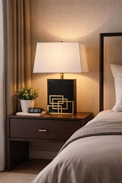 GENERAL مصباح طاولة طربوش قماش قاعدة رخامي مزخرف لون اسود لمبة ليد E27