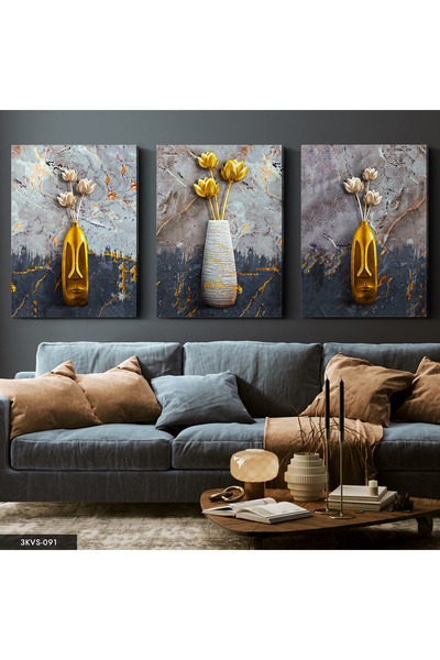 Evinemoda Floare în vază 3 piese pe pânză - Tablou pe pânză