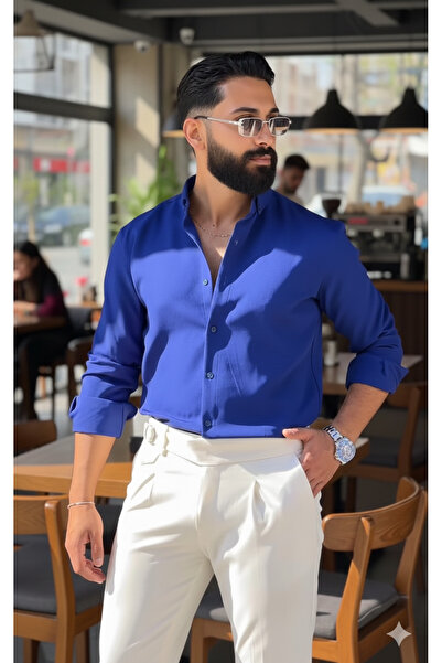 Stylo Men Erkek Saks Mavi Slim Fit Likralı Gömlek