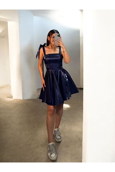 OLA Candy Kısa Hologram Saten Lacivert Abiye Elbise