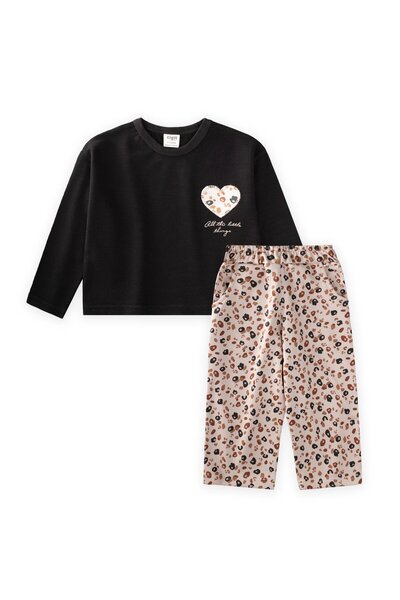 Cigit Set cu mâneci lungi cu model talie înaltă pantaloni 2-8 ani negru