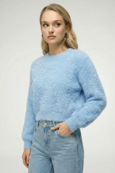 Trendiz Kadın Peluş Görünümlü Sakallı Bisiklet Yaka Kazak Mavi