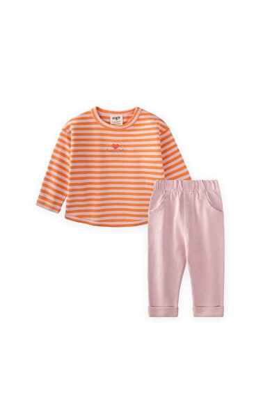 Cigit Striped Knitwear Baby Girl Set 0-3 Years Powder Peach Striped