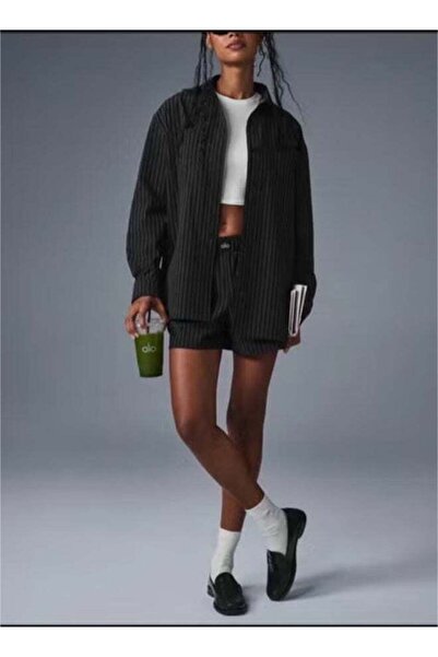 Alo Unisex Loose Oversized Striped Long-Sleeve Shirt and Shorts Set