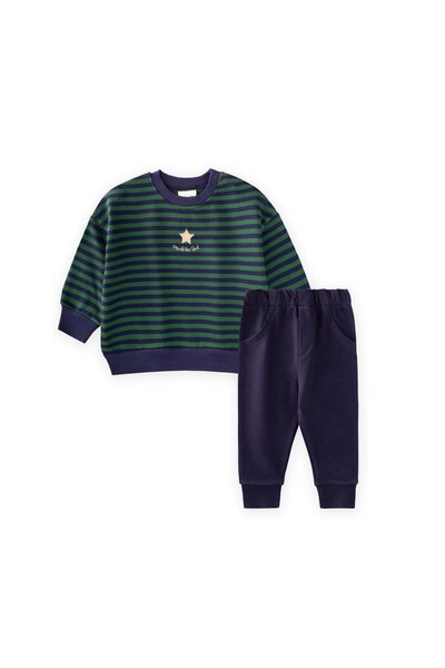 Cigit Çizgili Triko Erkek Bebek Takım 0-3 Yaş Haki Lacivert Çizgili