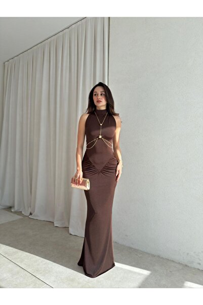 Mooi Butik TOMY Aksesuarlı Maxi Elbise 1698 - Acı Kahve