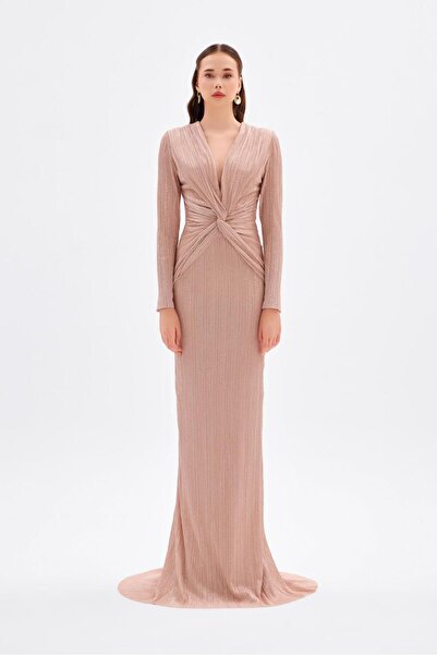 CENGIZ AKTURK Düğüm Detaylı V Yaka Simli Uzun Abiye Elbise - 9120C