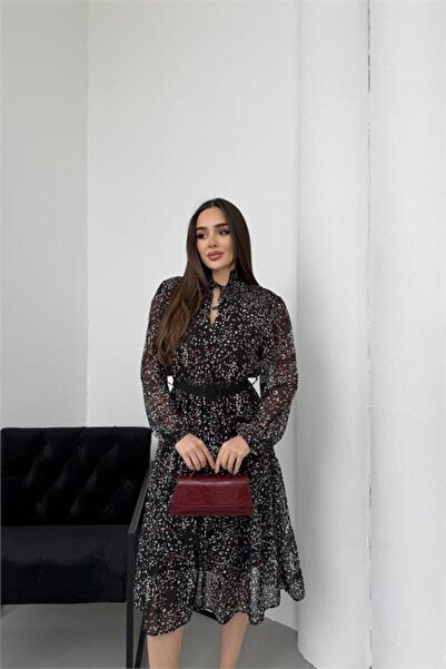 Neşeli Butik Women Black Mock Neck Lace-Up Detail Chiffon Fabric Long Sleeve ...