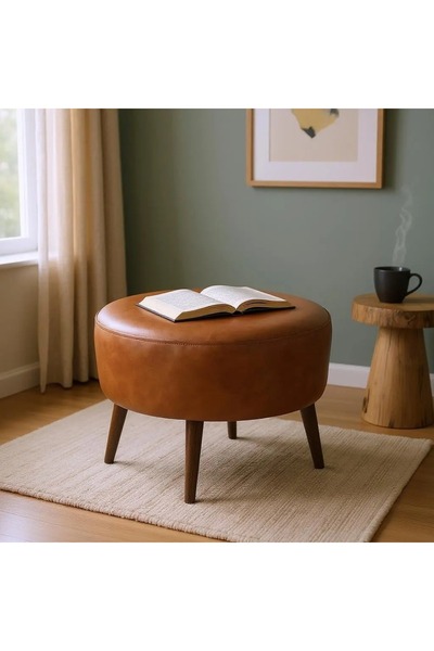 WATERYBROOK Suni Deri Puf Large - Ceviz Ahşap Ayaklı - Retro Modern Tasarım -...