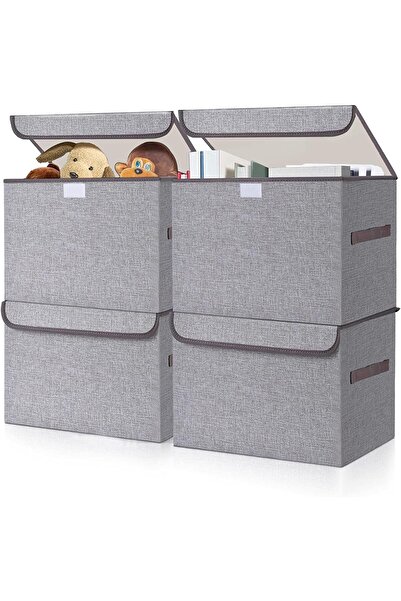 Generic Storage boxes with lids, foldable linen basket, gray top cover, 4-pack