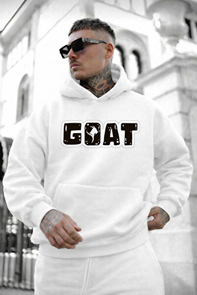 Rivox Men's White Hooded Oversized Sweatshirt Goaty Printed