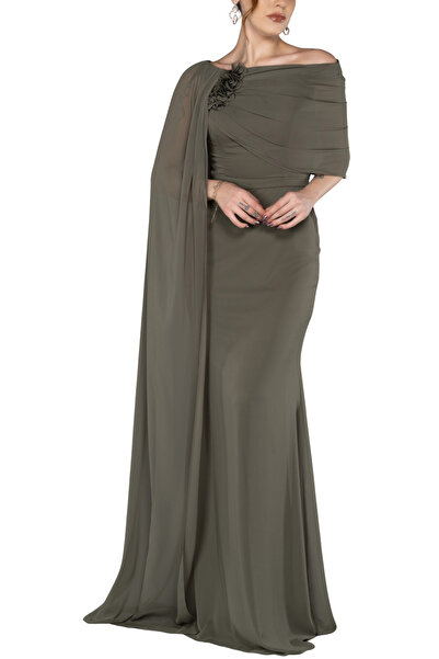 Arden Uzun Şifon Abiye Elbise, Omzu Açık Kayık Yaka Haki Düğün, Nişan, Mezuni...